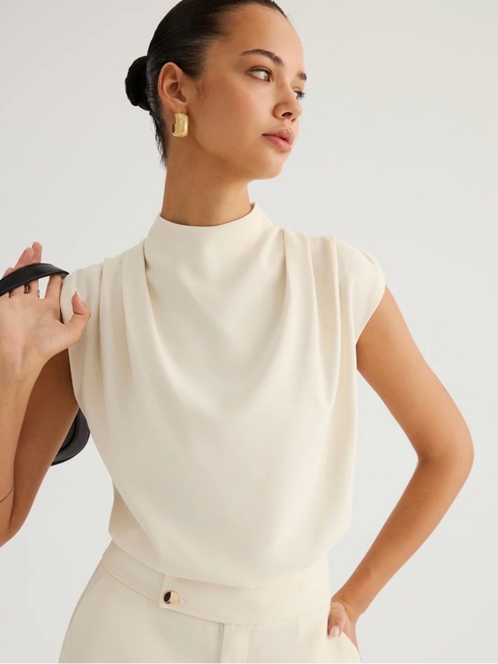 Commense Cream Mock-Neck Draped Cap-Sleeve Blouse